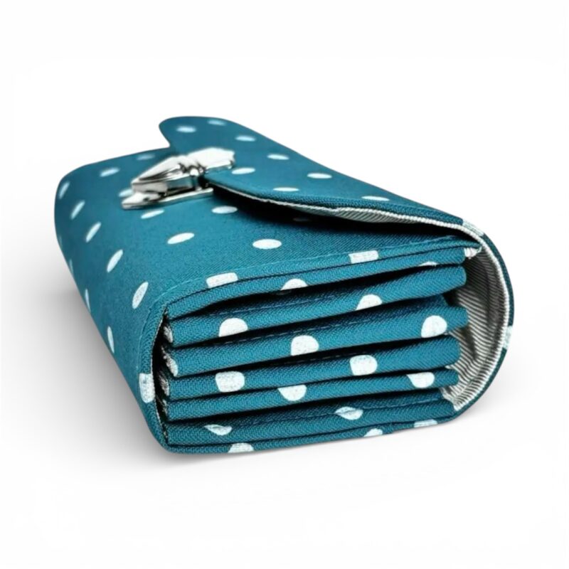 フラップ開閉型•家計やりくり財布•3費目管理用・水玉ターコイズブルー・横
