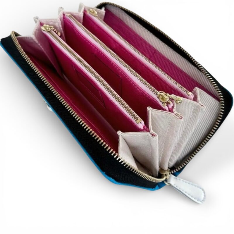 ラウンドファスナー型・家計やりくり財布・3費目管理用・ターコイズブルー・開いた状態