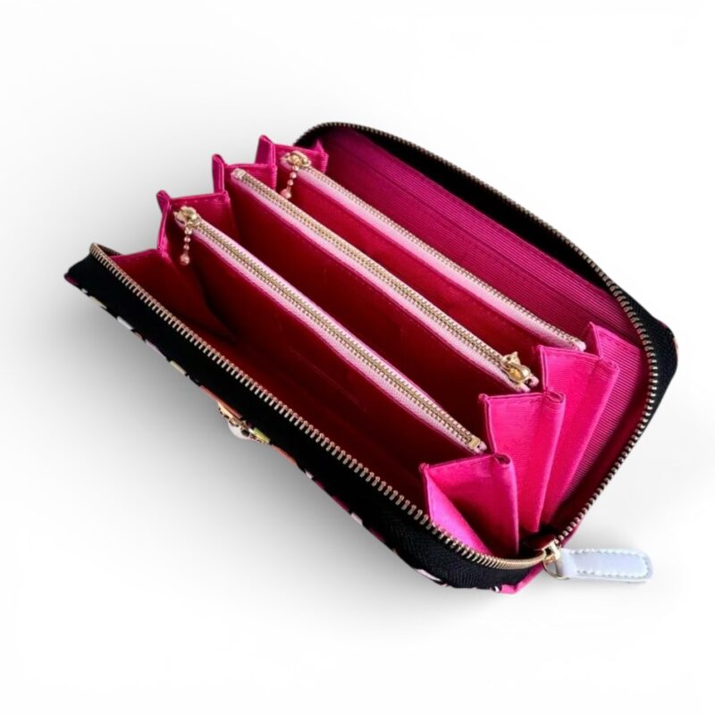 ラウンドファスナー型・家計やりくり財布・3費目管理用・レトロフラワー×チェリーピンク・・開いた状態