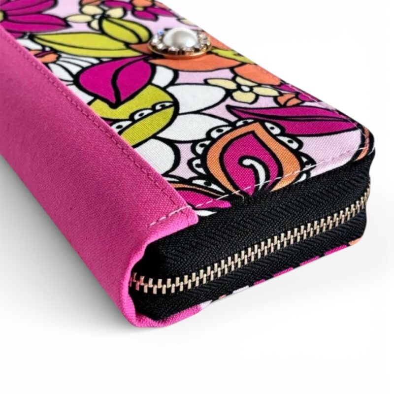 ラウンドファスナー型・家計やりくり財布・3費目管理用・レトロフラワー×チェリーピンク・横