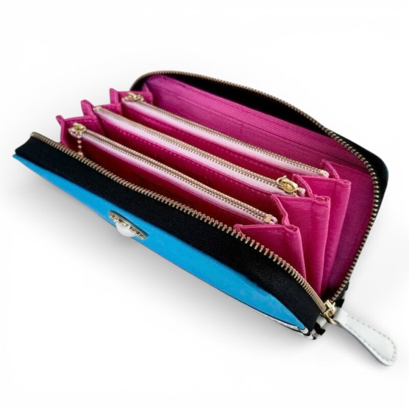 ラウンドファスナー型・家計やりくり財布・3費目管理用・ターコイズブルー×ボーダー・開いた状態