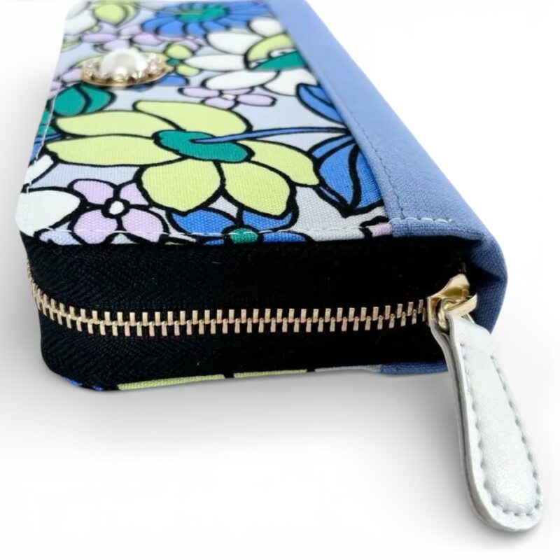 ラウンドファスナー型・家計やりくり財布・3費目管理用・レトロフラワー・スカイブルー・横