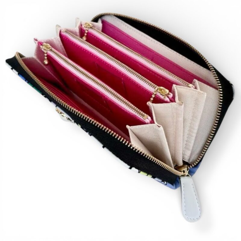 ラウンドファスナー型・家計やりくり財布・3費目管理用・レトロフラワー×スカイブルー・開いた状態