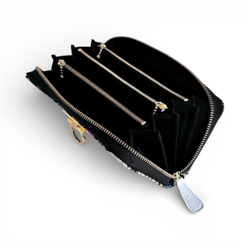 ラウンドファスナー型・家計やりくり財布・3費目管理用・植物柄ブラック・開いた状態