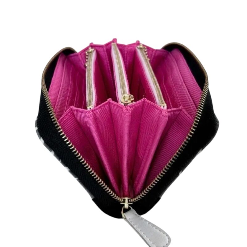 ラウンドファスナー型・家計やりくり財布・3費目管理用・アスター柄グレー×ブラック・開いた状態