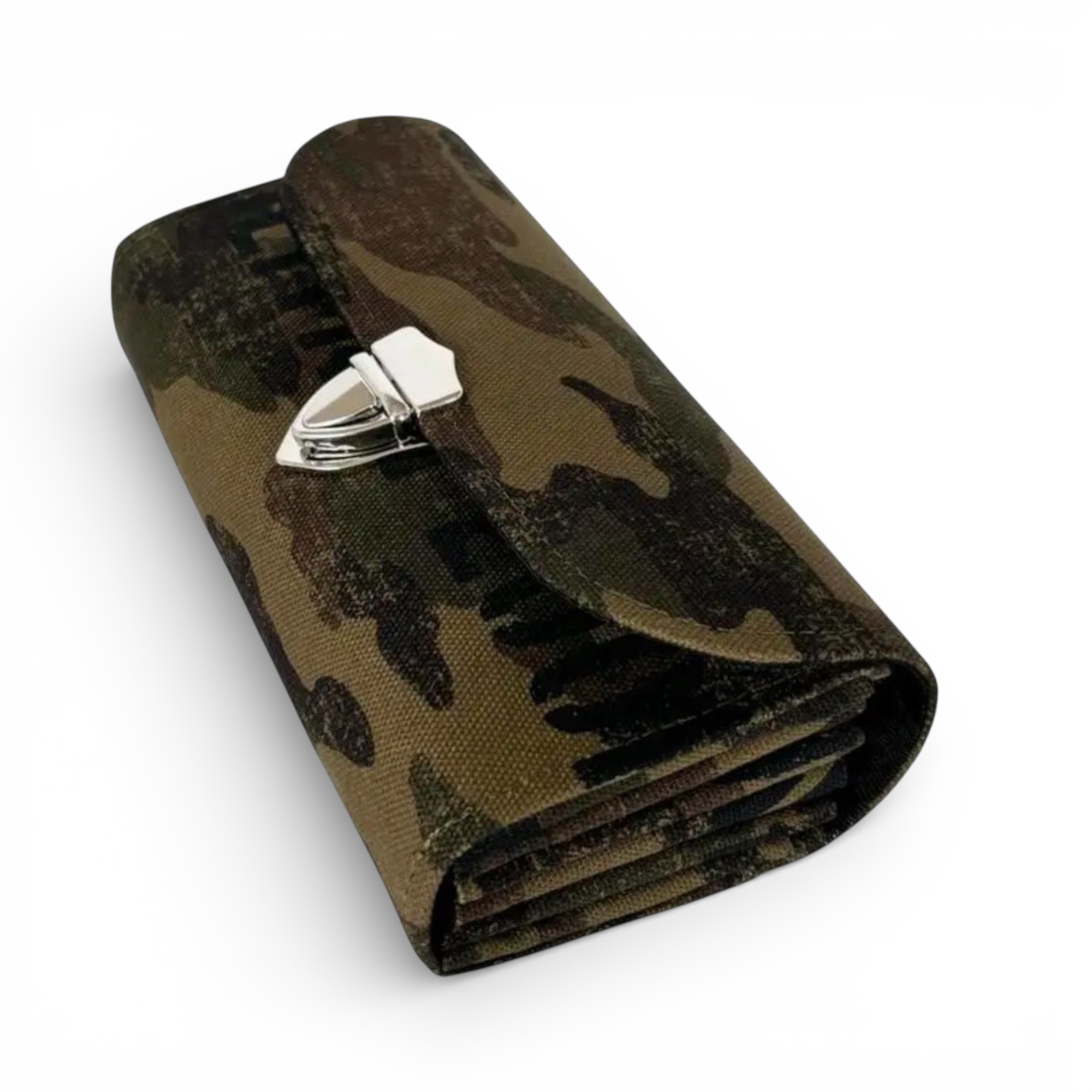 フラップ開閉型•家計やりくり財布•3費目管理用・掠れ迷彩柄・斜め上から