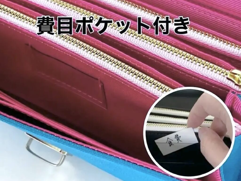 フラップ開閉型・3費目管理・ターコイズブルー×ボーダー・費目ポケット