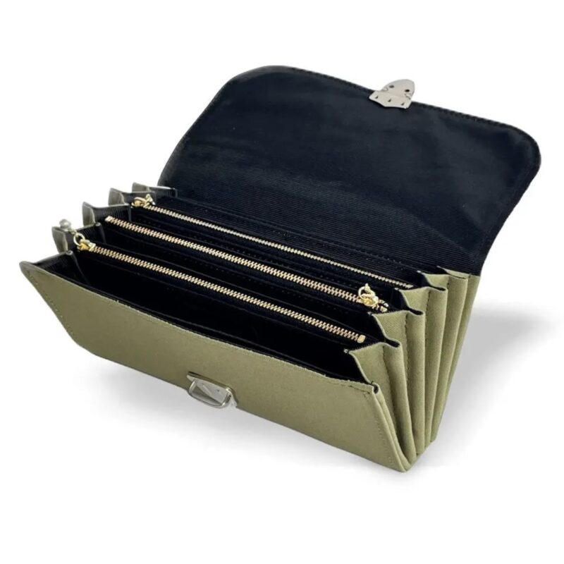 フラップ開閉型・3費目管理・カーキグリーン×ボーダー・開いた状態