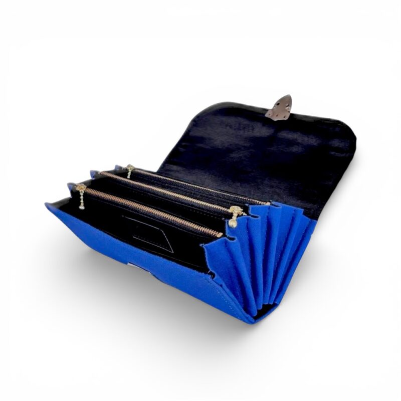 フラップ開閉型・3費目管理・コバルトブルー×ボーダー・開いた状態