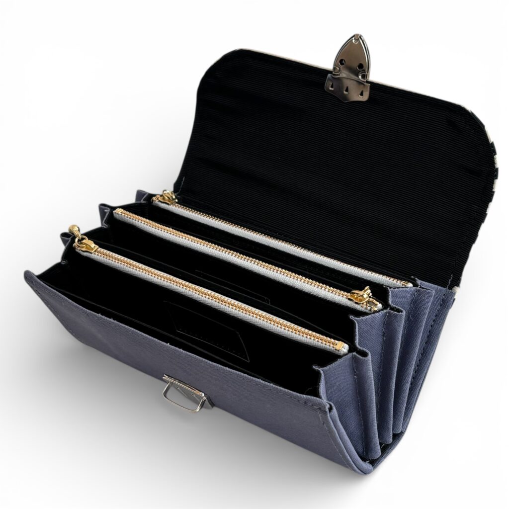 フラップ開閉型・ブルーグレー×ボーダー・3費目・開いた状態