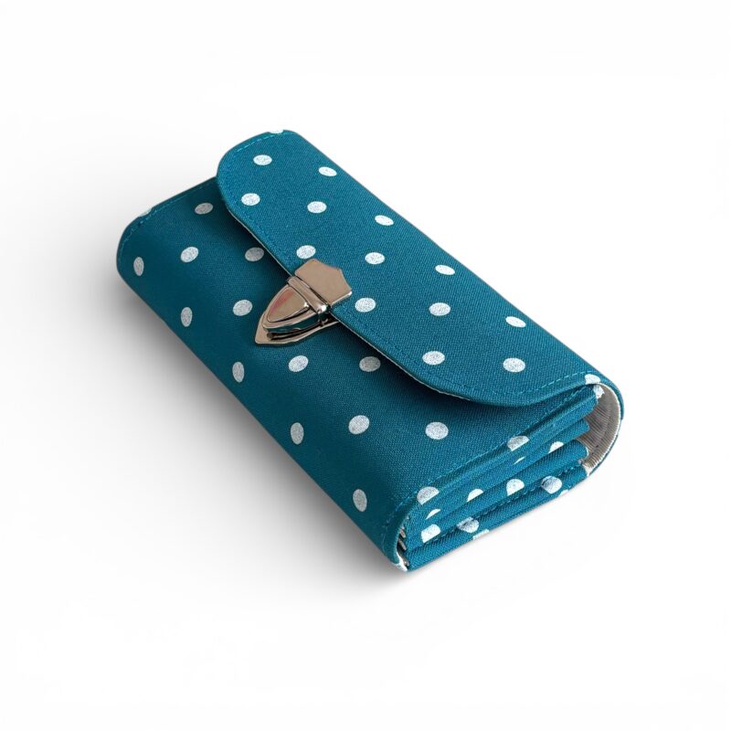 フラップ開閉型・水玉ターコイズブルー・3費目管理・斜め上