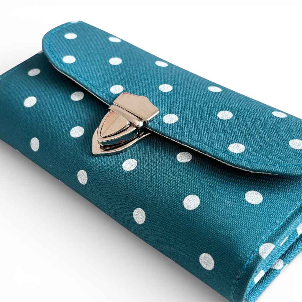 フラップ開閉型・水玉ターコイズブルー・3費目管理・生地