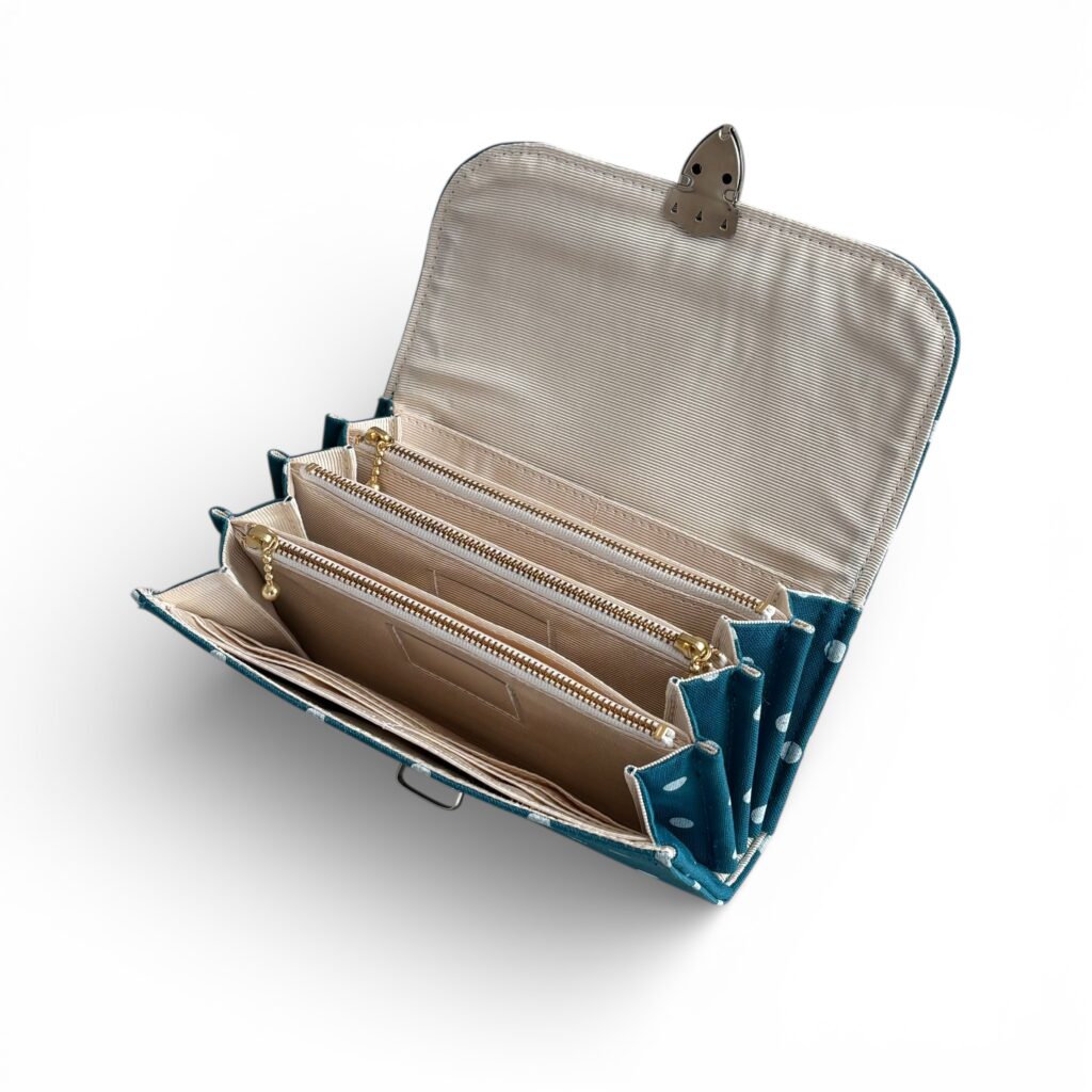 フラップ開閉型・水玉ターコイズブルー・3費目管理・開いた状態