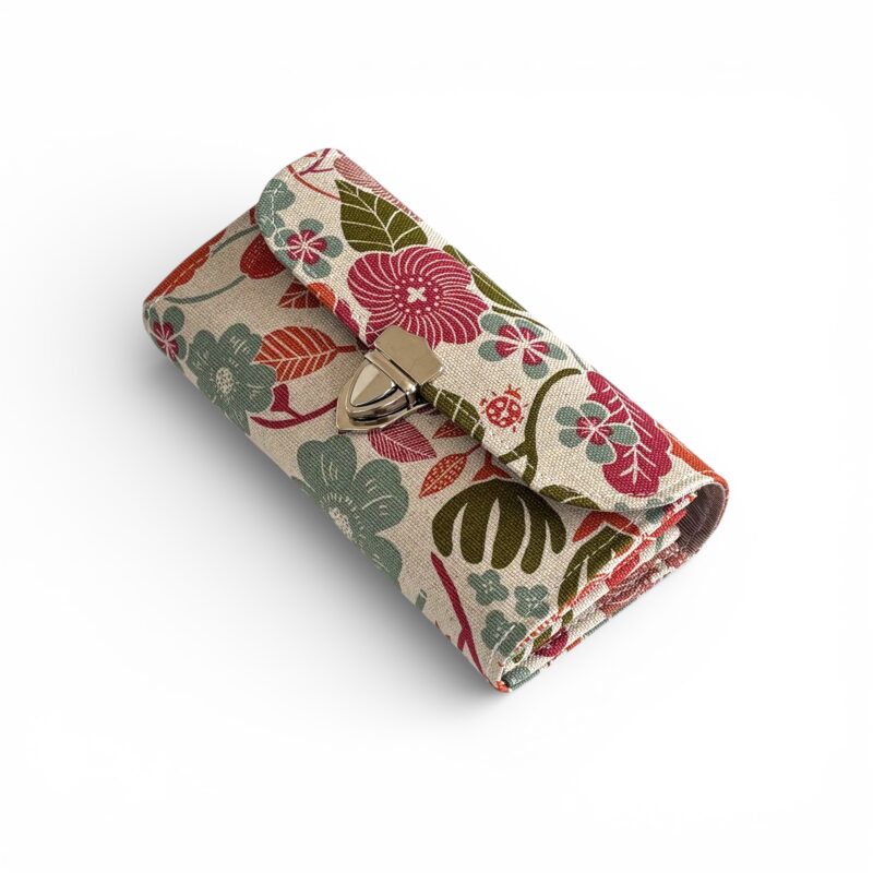 フラップ開閉型・3費目管理・植物柄生成り・斜め上から