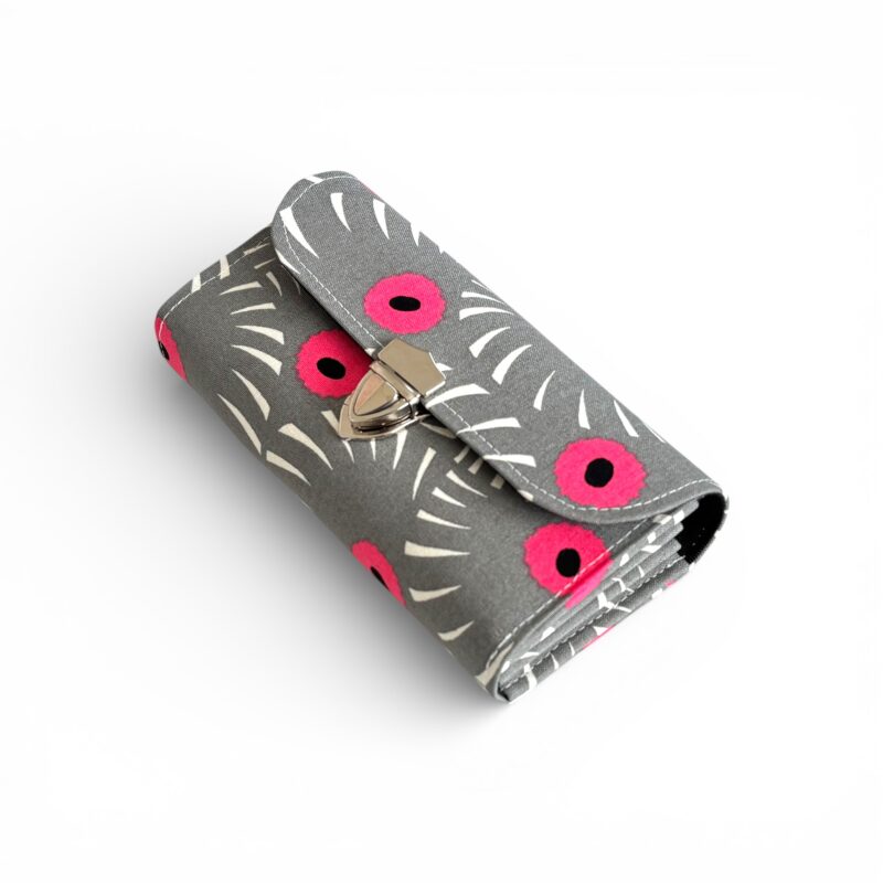 フラップ開閉型・3費目管理・アスター柄グレー・斜め上から